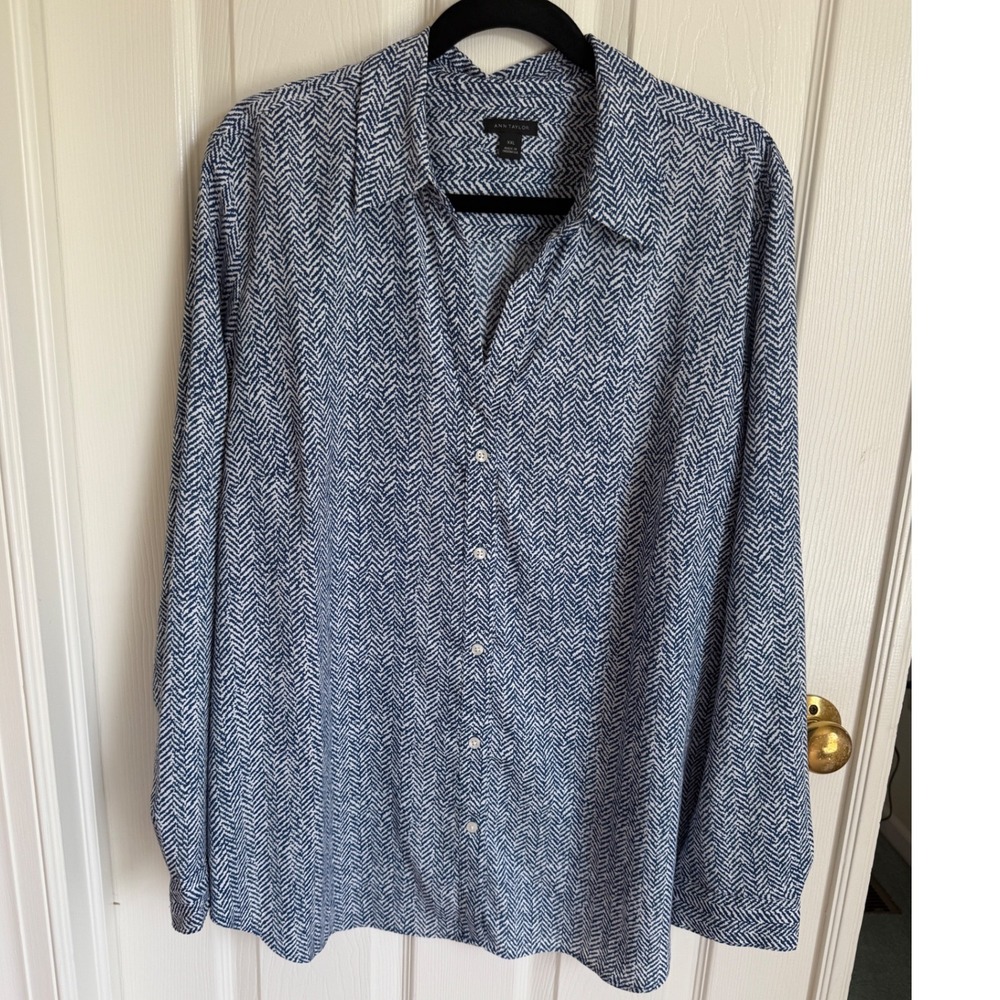 Ann Taylor Blue White Chevron Geometric Button Down Shirt XXL Long Sleeve Career